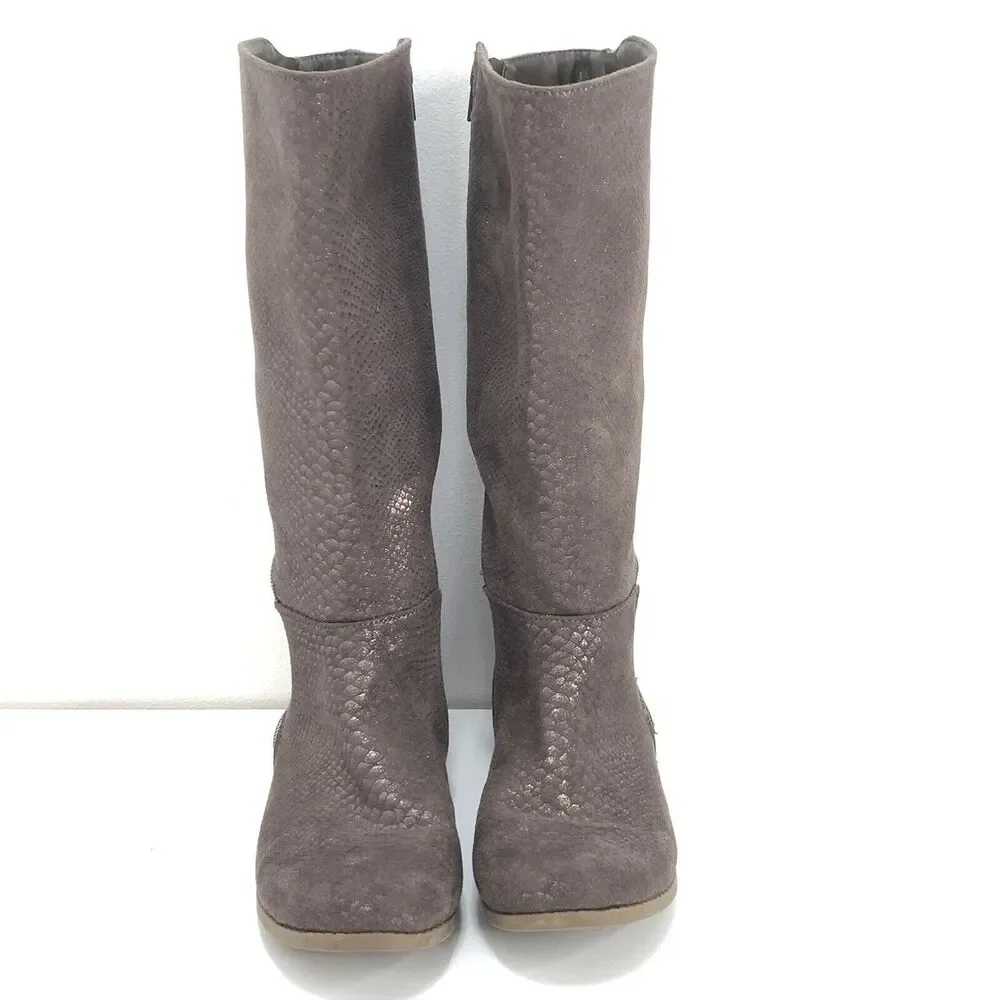 Steve Madden Knee High Boots Brown Snakeskin Side Zip Round Toe 5 Shiny